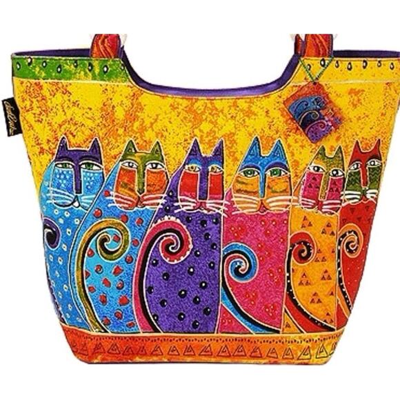 Laurel Burch NEW Scoop Tote Zipper Top FELINE TRIBE Artsy Cats Bright Happy Bag - Picture 12 of 12